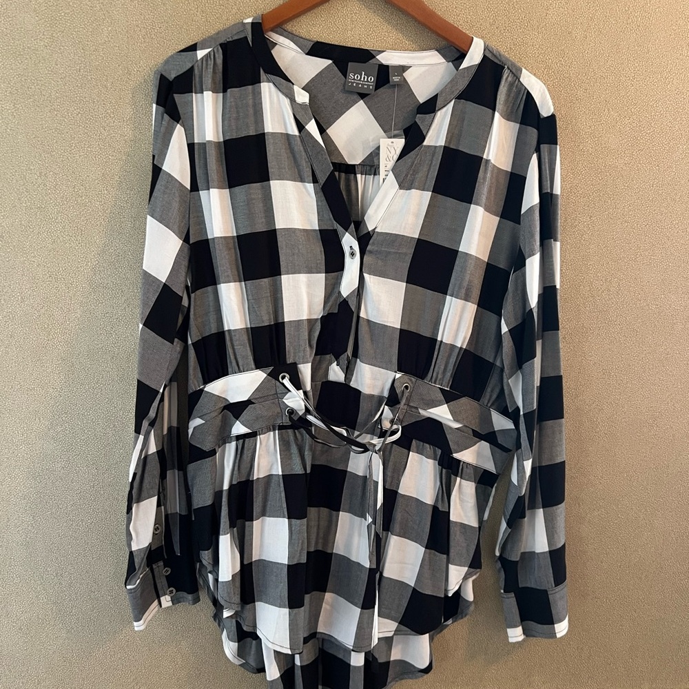 New York & Company Black & White Buffalo Check Drawstring Tunic